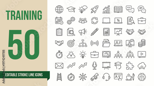 50 Editable Stroke Line Icons for Training and Education UI Design - Outline icon set for web and mobile apps