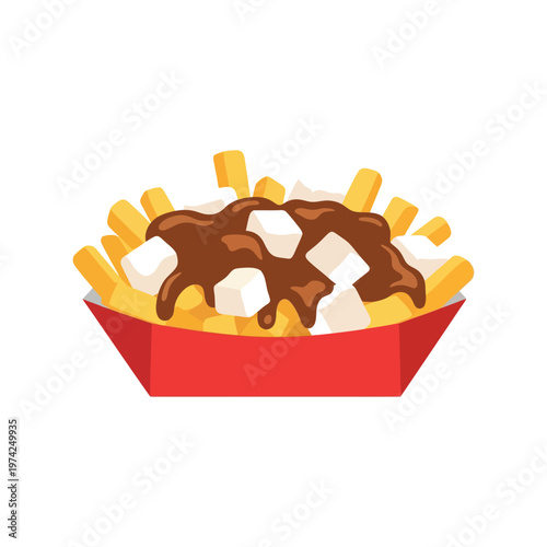 Poutine vector illustration of French fries with gravy and cheese curds in red container on white background