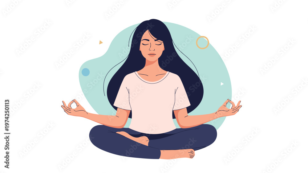 Obraz premium Young woman with long dark hair meditating in a peaceful lotus pose with abstract shapes and circles in the background.