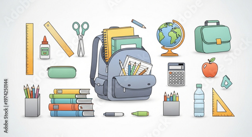A colorful illustration of various school supplies and a backpack on a white background