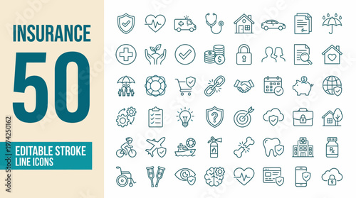 Insurance Icons Set with 50 Editable Stroke Line Icons for Health, Auto, Home, Life and Travel Insurance for Infographics and UI Design
