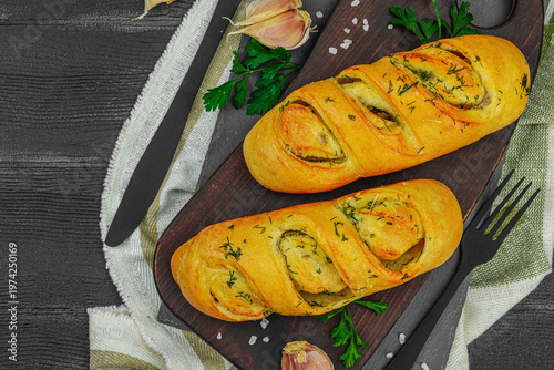 Fényképezés Fresh baked garlic bread, gluten free buns