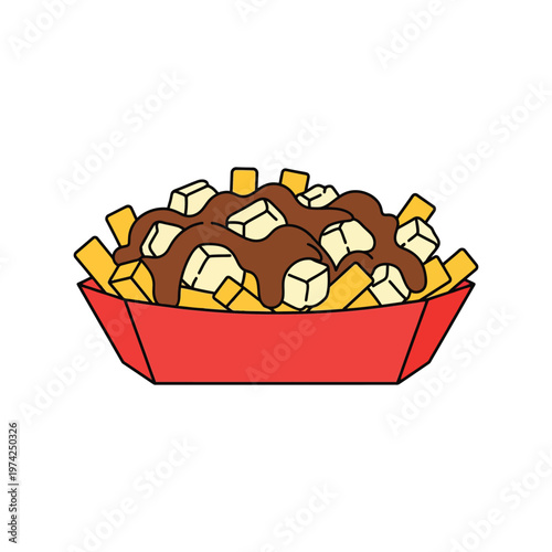 Poutine vector illustration of fries with cheese curds and gravy in red container on white background