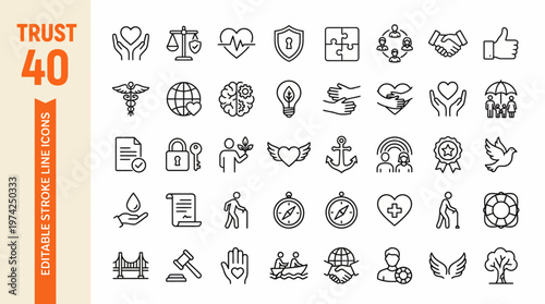 Extensive collection of grayscale vector icons illustrating trust, security, technology, business, health, and everyday concepts in clean line art.