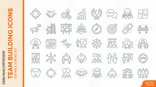 Set of gray line icons representing team building and workplace collaboration, including meetings, brainstorming, leadership, and group activities for business and training contexts
