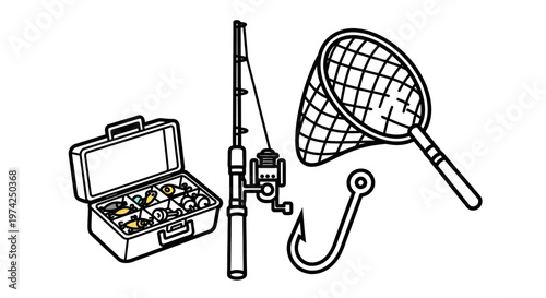Fishing gear and tackle equipment set.