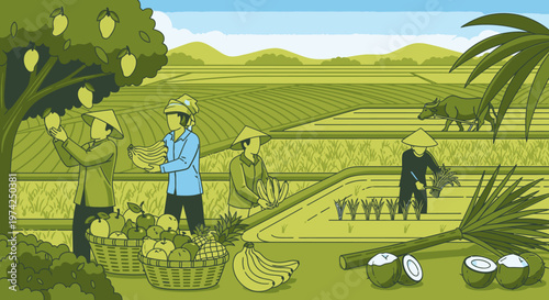 Farmers harvesting fruits in field.