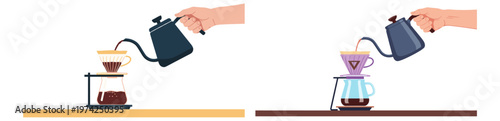 Two distinct illustrations showcasing the manual pour-over coffee brewing process, featuring hands pouring water from gooseneck kettles into various drippers and carafes.