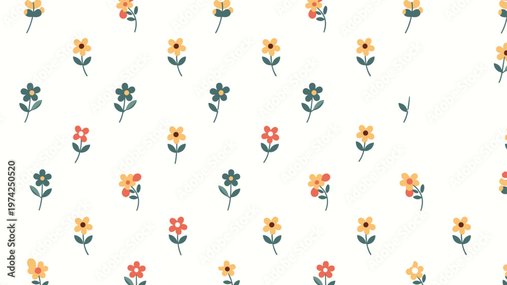 Obraz premium Delicate and colorful seamless pattern of small hand-drawn flowers in orange and teal on a soft off-white background.