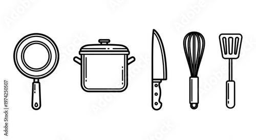 Kitchen Cooking Utensils and Tools Lineup.