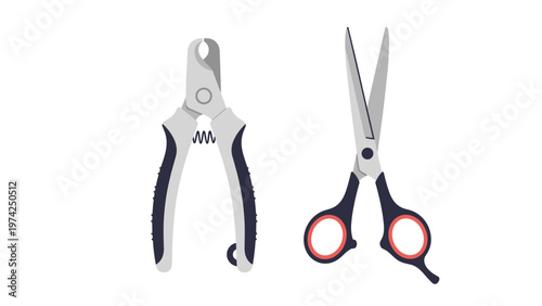 Essential pet grooming tools including specialized nail clippers and professional scissors for animal care and hygiene.