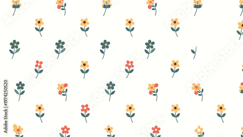 Delicate and colorful seamless pattern of small hand-drawn flowers in orange and teal on a soft off-white background.