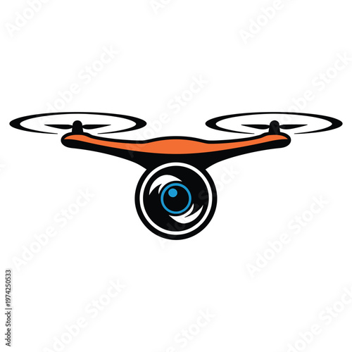 Quadcopter drone with integrated surveillance camera in mid-flight