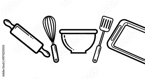 Kitchen utensils for baking and cooking.
