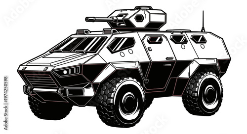 Military armored vehicle with gun turret.
