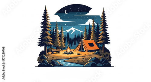 A serene camping scene at night with a tent, campfire, and mountain range in the background, surrounded by tall trees and a starry sky.