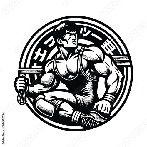 Japanese Inspired Wrestling Athlete Silhouette with Text Elements