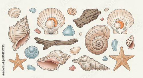 A colorful illustration of seashells, starfish, and pebbles in a flat design style