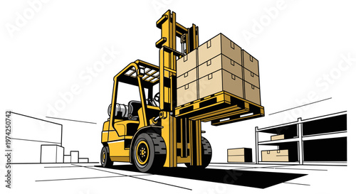 Yellow Forklift Lifting Wooden Pallet.