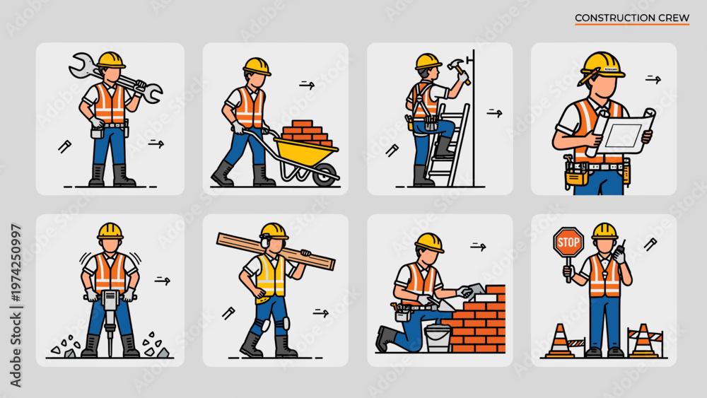 Fototapeta premium Construction workers vector set featuring builders performing various tasks with tools, wheelbarrow, blueprint, and safety gear.