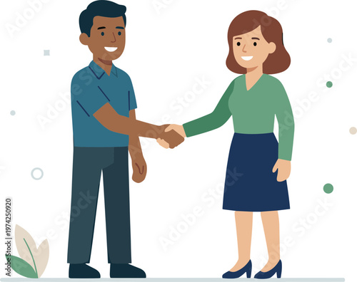 A man and a woman shake hands in a business greeting scene outdoors