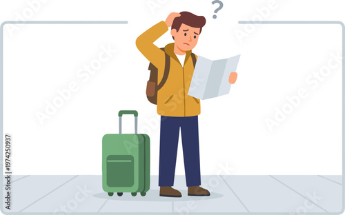 Man looks confused while checking map with luggage at travel location
