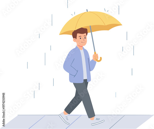 Man walking on sidewalk under yellow umbrella in rain
