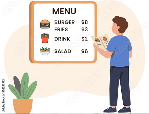 Man holds menu board while standing next to potted plant indoors