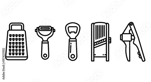 Kitchen utensils for food preparation tools.