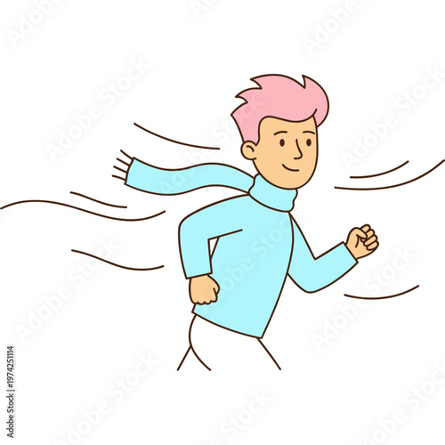 A smiling man with pink hair runs quickly outside in a blue sweater