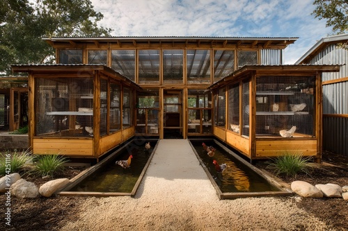 Symmetrical modern coop run with heritage chickens on pristine grass sustainable backyard farming design concept