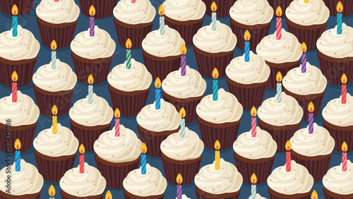 Seamless wallpaper pattern features a dense arrangement of chocolate cupcakes with white frosting and colorful lit candles on a blue base.