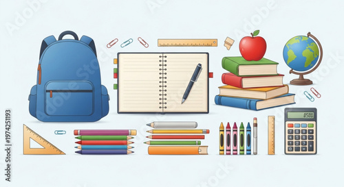 A colorful illustration of various school supplies and educational tools arranged neatly on a light blue background