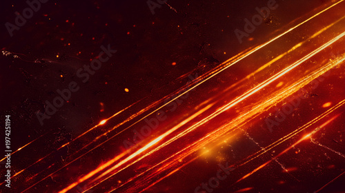 This striking abstract background features brilliant orange and red light streaks diagonally traversing a dark, textured space with particles.
