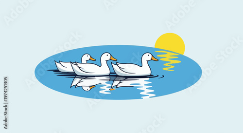 Three white ducks swim peacefully on a blue pond, reflected in the water under a yellow sun