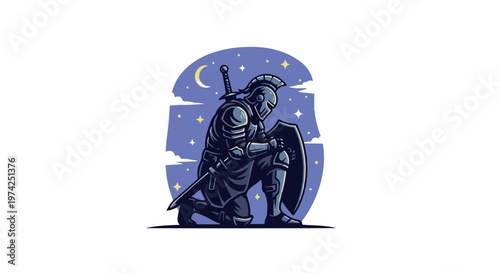 Knight kneeling under starry sky with moon