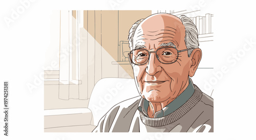 Portrait illustration of an elderly gentleman with glasses, smiling softly indoors with soft light
