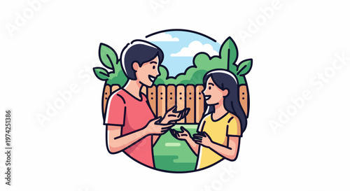 Two people in a yard talking, with a fence and trees behind them under a cloudy sky