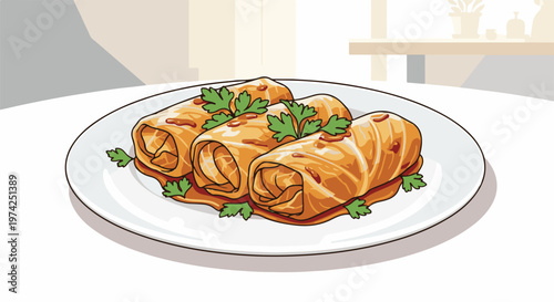 A plate of three golden-brown stuffed cabbage rolls, garnished with fresh green parsley, sits on a white tablecloth