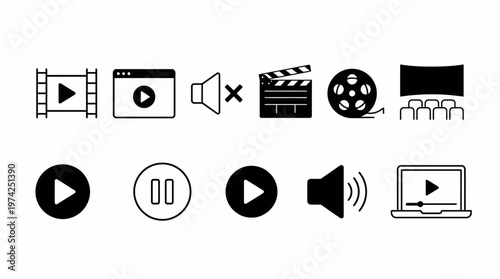 Collection of universal media icons: film strip, clapperboard, discs, and common playback controls for video, cinema and UI design