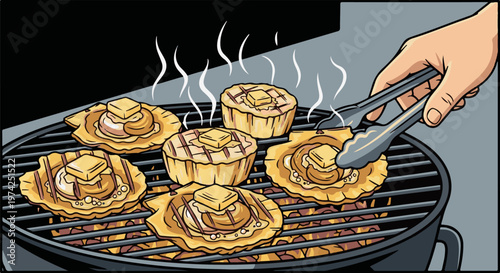 Scallops with butter sizzling on a grill, a hand using tongs