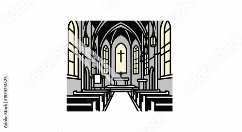 Interior of a stylized church with stained glass windows and a cross