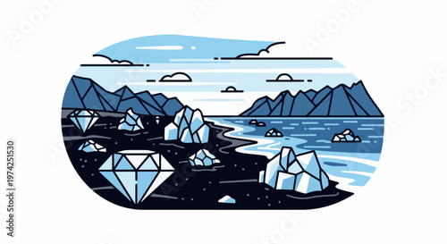 A surreal icy landscape with diamonds scattered on black sand near a blue ocean