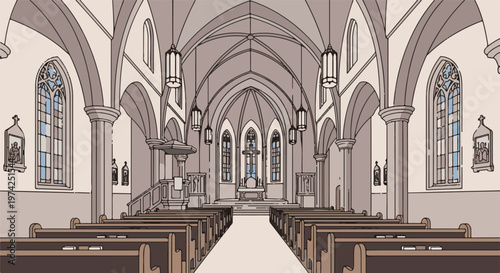 Interior view of a grand church with ornate architecture, arched ceilings, stained glass windows, pews, and a central altar