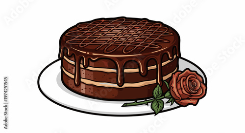 Rich chocolate cake with creamy layers, drizzled ganache, and a single deep red rose