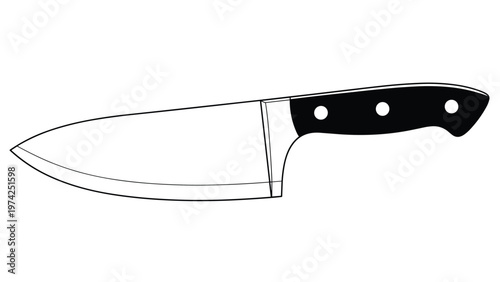 Professional chef knife is illustrated in a clean line art style with a solid black handle and silver blade against a plain background.