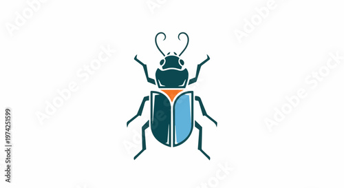 A stylized insect, featuring a dark teal body with orange and light blue accents, on a white background