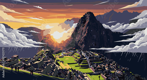 Pixelated ancient mountain ruins at sunset with dramatic clouds and rain