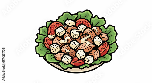 A quirky illustration of a salad with cheese cubes and meat pieces