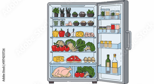 A colorful cartoon illustration of an open refrigerator filled with fresh produce and raw meats